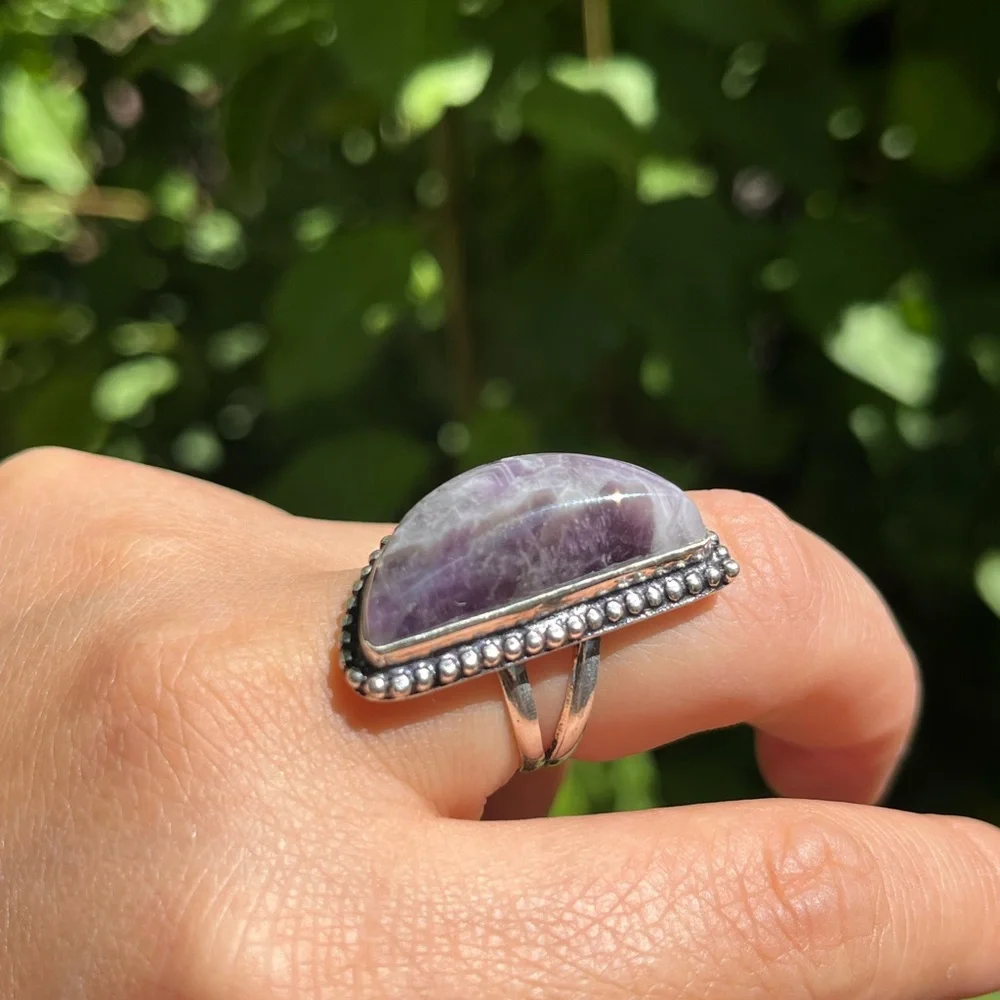 Size 6.75 925 silver plated half‎ moon amethyst ring